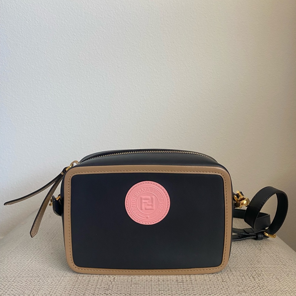 Fendi Vitello Century Stamp Bi-Color Mini Camera Case Blue Notte Amido Pink